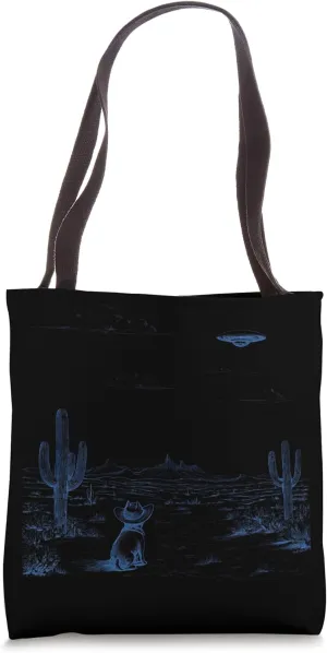 Cowboy Dog Stares at UFO in Desert Scene Western Tote Bag