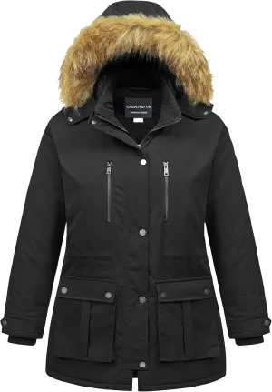 CREATMO US Women's Plus Size Winter Coat Waterproof Long Puffer Jacket Warm Military Thicken Parka with Fur Hood
