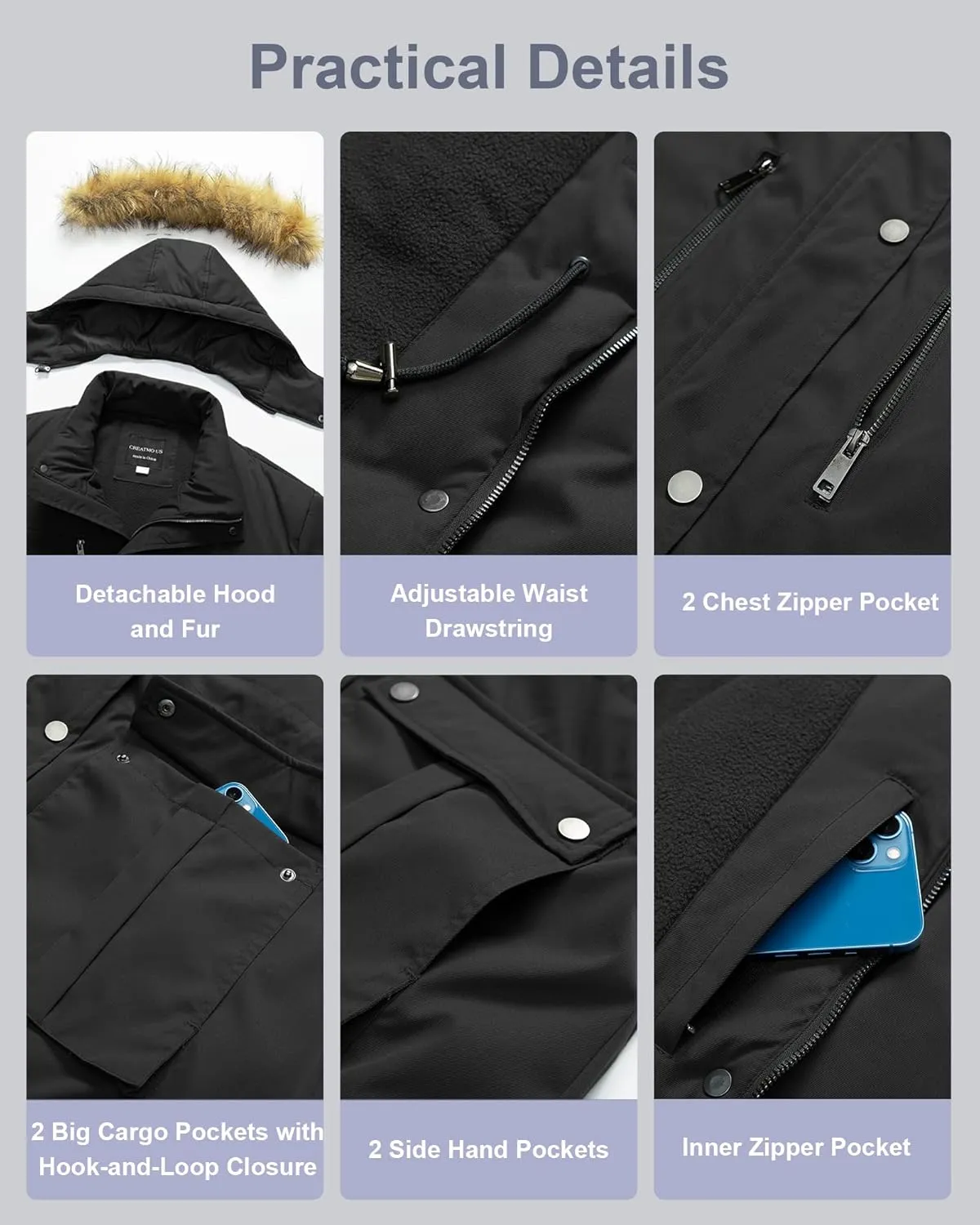 CREATMO US Women's Plus Size Winter Coat Waterproof Long Puffer Jacket Warm Military Thicken Parka with Fur Hood