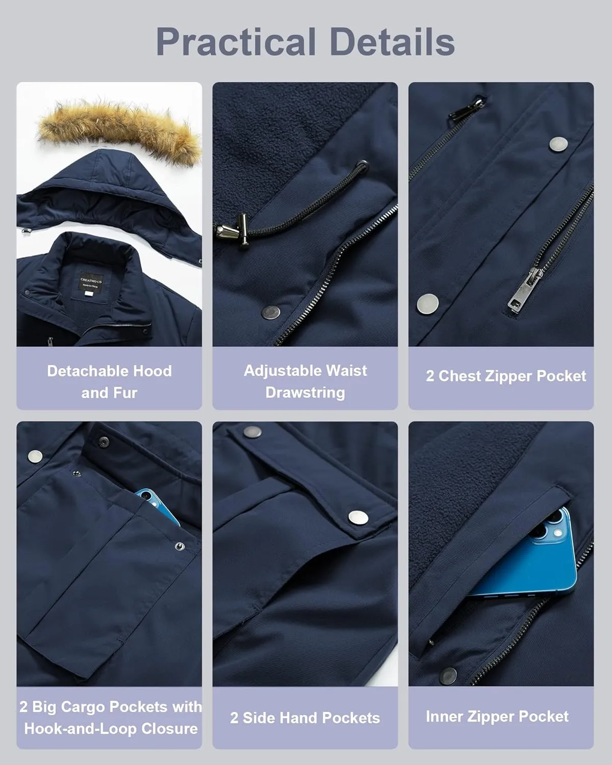 CREATMO US Women's Plus Size Winter Coat Waterproof Long Puffer Jacket Warm Military Thicken Parka with Fur Hood