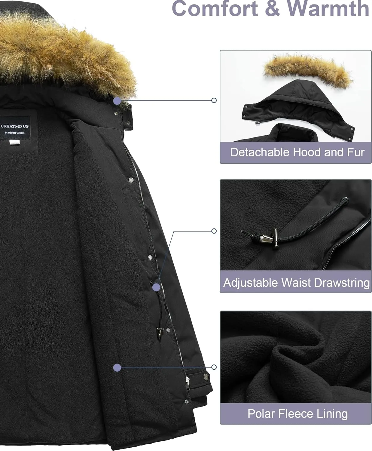 CREATMO US Women's Plus Size Winter Coat Waterproof Long Puffer Jacket Warm Military Thicken Parka with Fur Hood