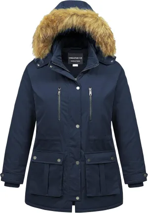 CREATMO US Women's Plus Size Winter Coat Waterproof Long Puffer Jacket Warm Military Thicken Parka with Fur Hood