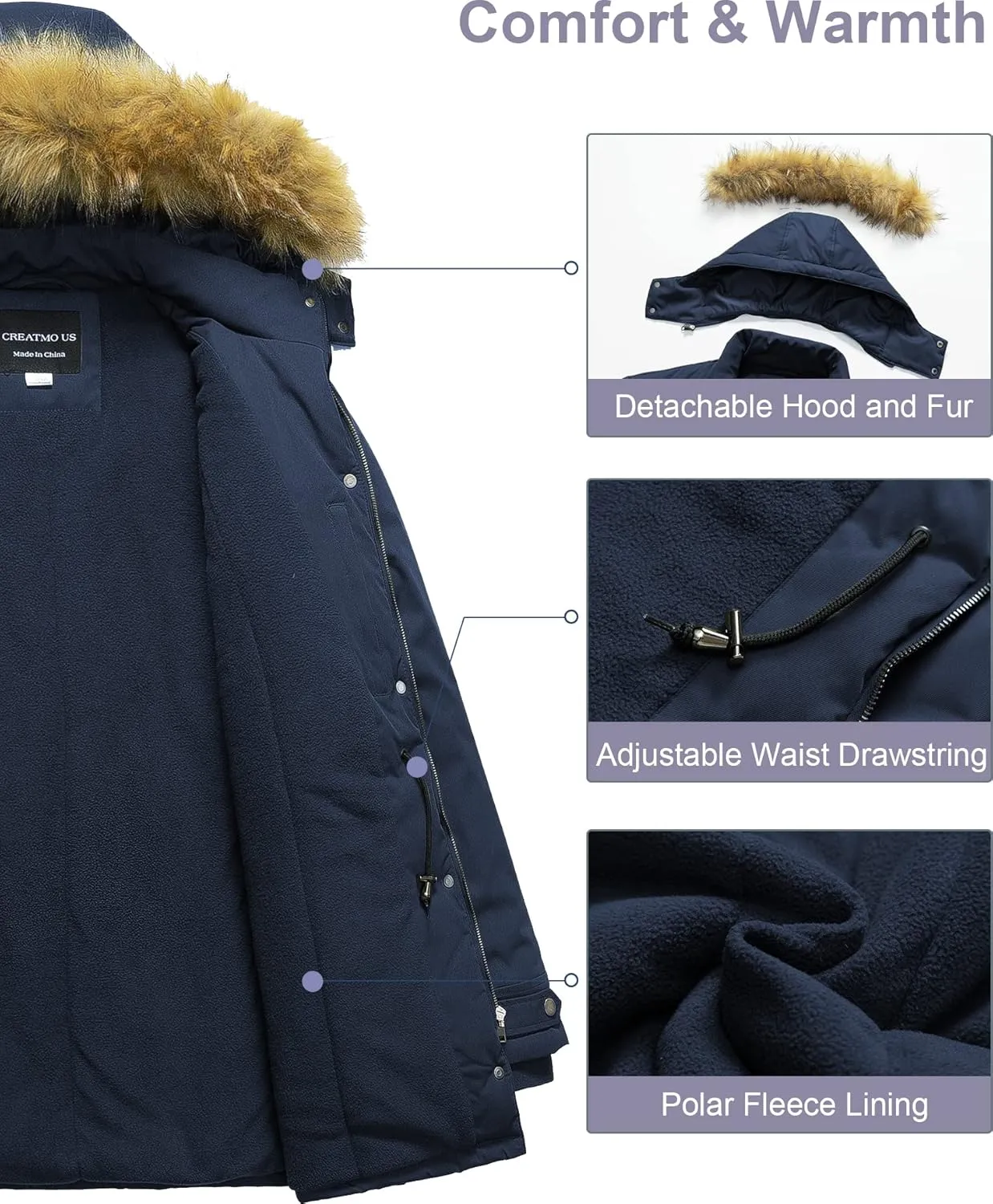 CREATMO US Women's Plus Size Winter Coat Waterproof Long Puffer Jacket Warm Military Thicken Parka with Fur Hood