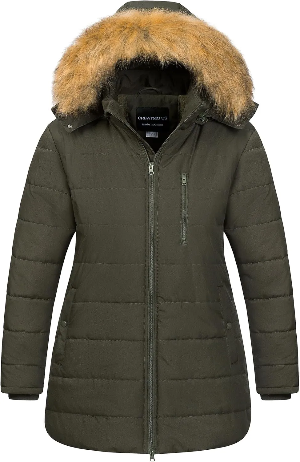 CREATMO US Women's Plus Size Winter Coats Long Puffer Jacket Fleece Lined Parka Removable Fur Hood Available in 1X To 5X