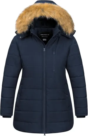 CREATMO US Women's Plus Size Winter Coats Long Puffer Jacket Fleece Lined Parka Removable Fur Hood Available in 1X To 5X