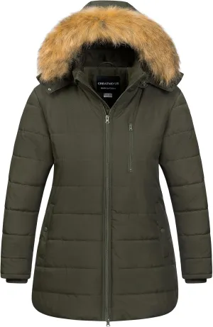CREATMO US Women's Plus Size Winter Coats Long Puffer Jacket Fleece Lined Parka Removable Fur Hood Available in 1X To 5X