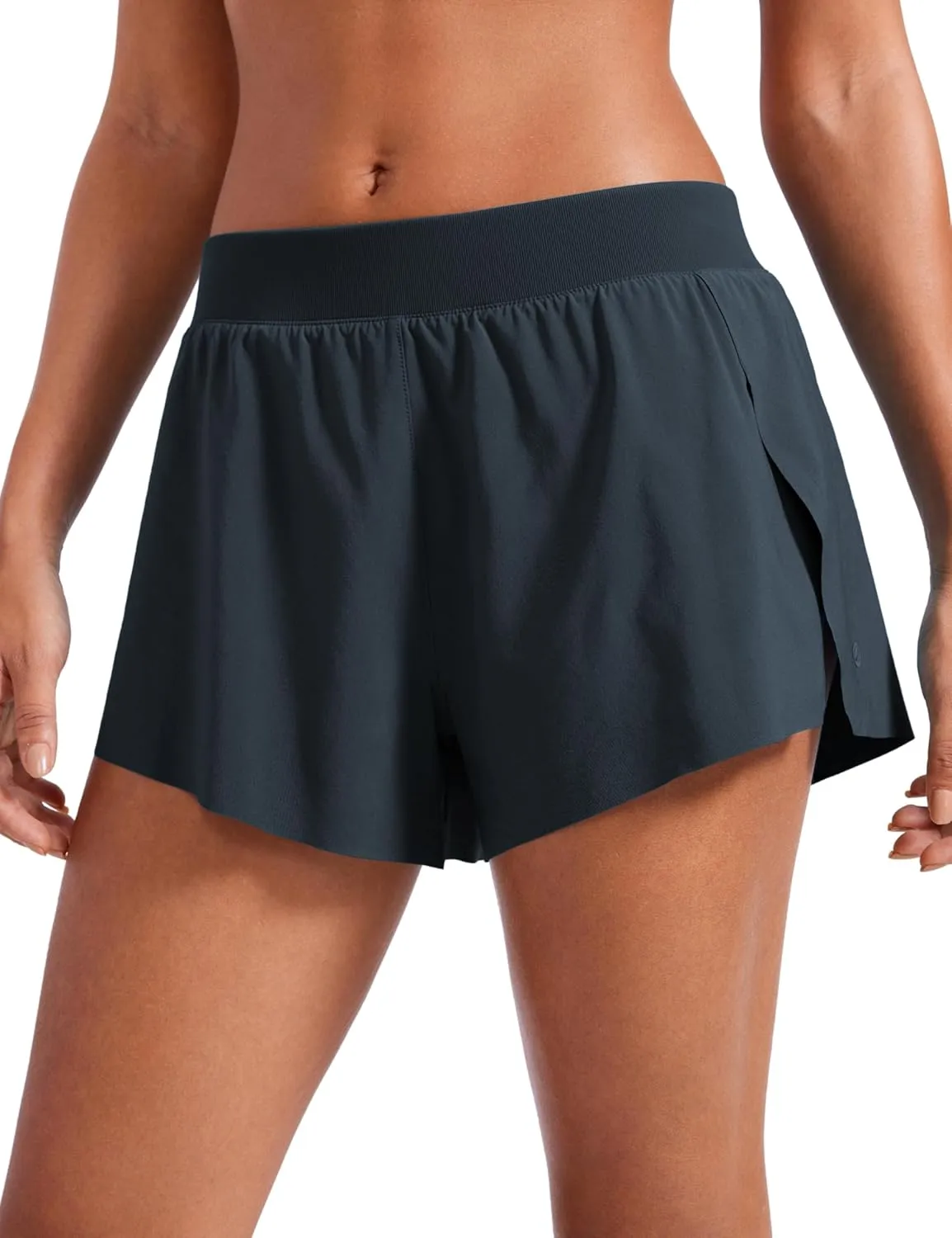 CRZ YOGA Athletic Running Shorts for Women V Split Low Waisted Lightweight Gym Workout Athletic Shorts with Liner