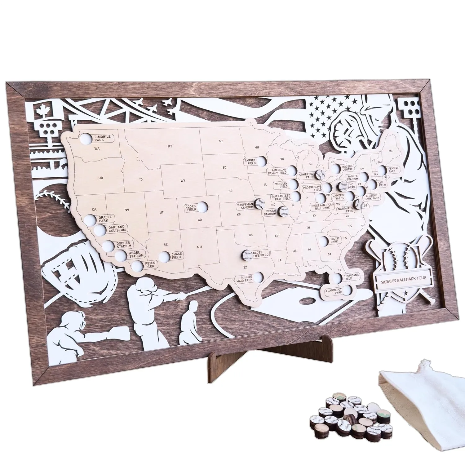 Custom Baseball Stadium Travel Map Tracker, Personal Ballpark Stadium Map, Pro Baseball Stadium Tracker, American Ballpark Tracker, Baseball Keepsake Map, Baseball Stadiums Sign (With Silhouette)