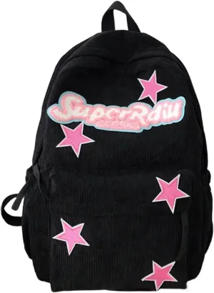 Cute Backpack for Women Star Y2K Kawaii Aesthetic Fluffy Corduroy Dayback Bag (Black)