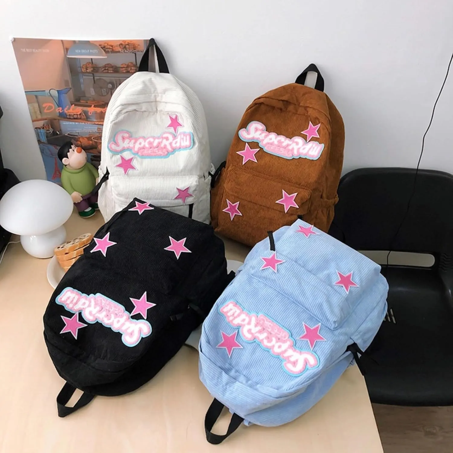 Cute Backpack for Women Star Y2K Kawaii Aesthetic Fluffy Corduroy Dayback Bag (Black)
