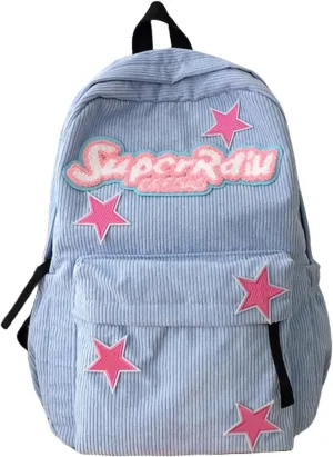 Cute Backpack for Women Star Y2K Kawaii Aesthetic Fluffy Corduroy Dayback Bag (Blue)