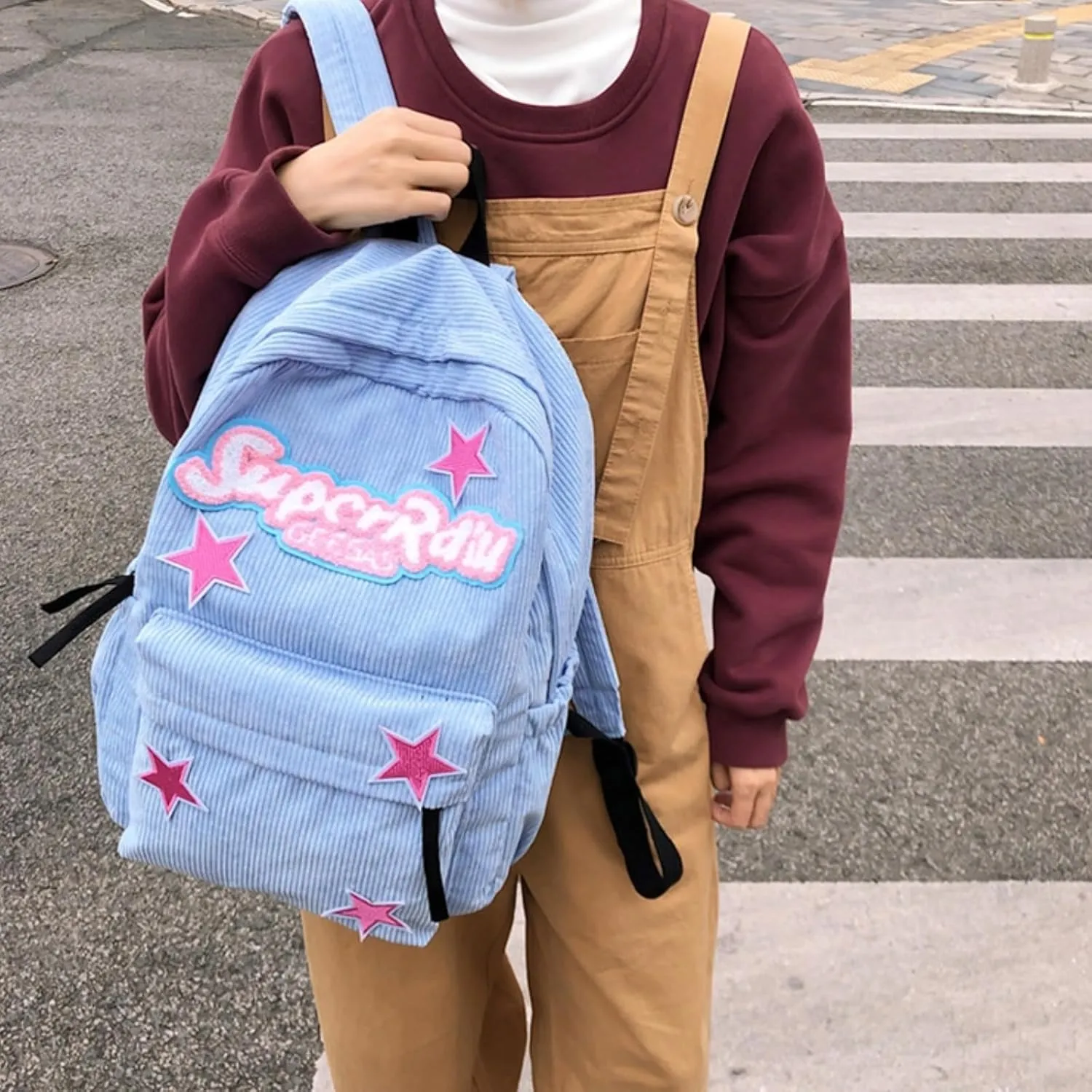 Cute Backpack for Women Star Y2K Kawaii Aesthetic Fluffy Corduroy Dayback Bag (Blue)