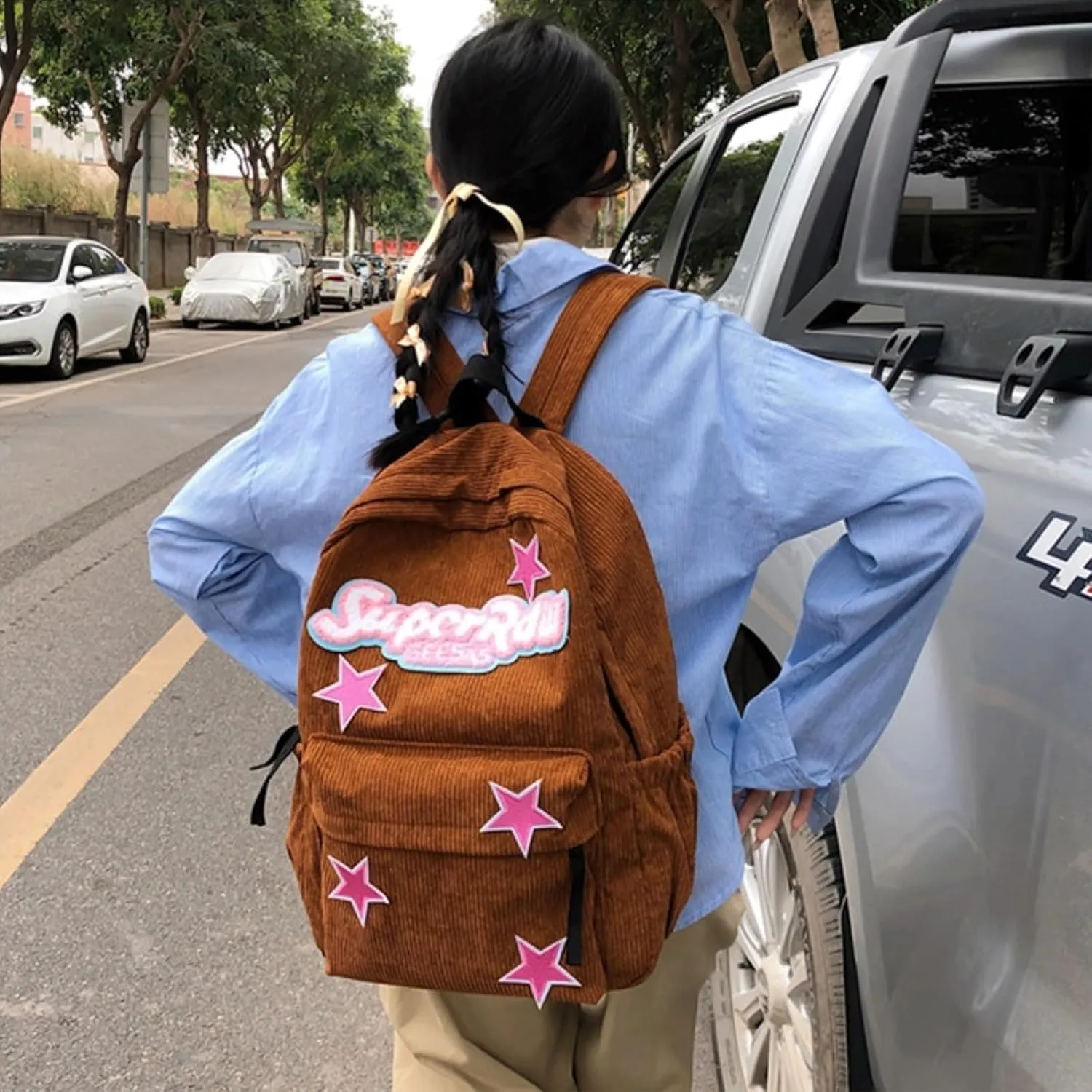 Cute Backpack for Women Star Y2K Kawaii Aesthetic Fluffy Corduroy Dayback Bag (Brown)