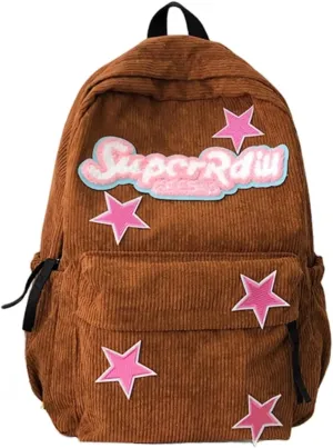 Cute Backpack for Women Star Y2K Kawaii Aesthetic Fluffy Corduroy Dayback Bag (Brown)