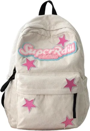 Cute Backpack for Women Star Y2K Kawaii Aesthetic Fluffy Corduroy Dayback Bag (White)