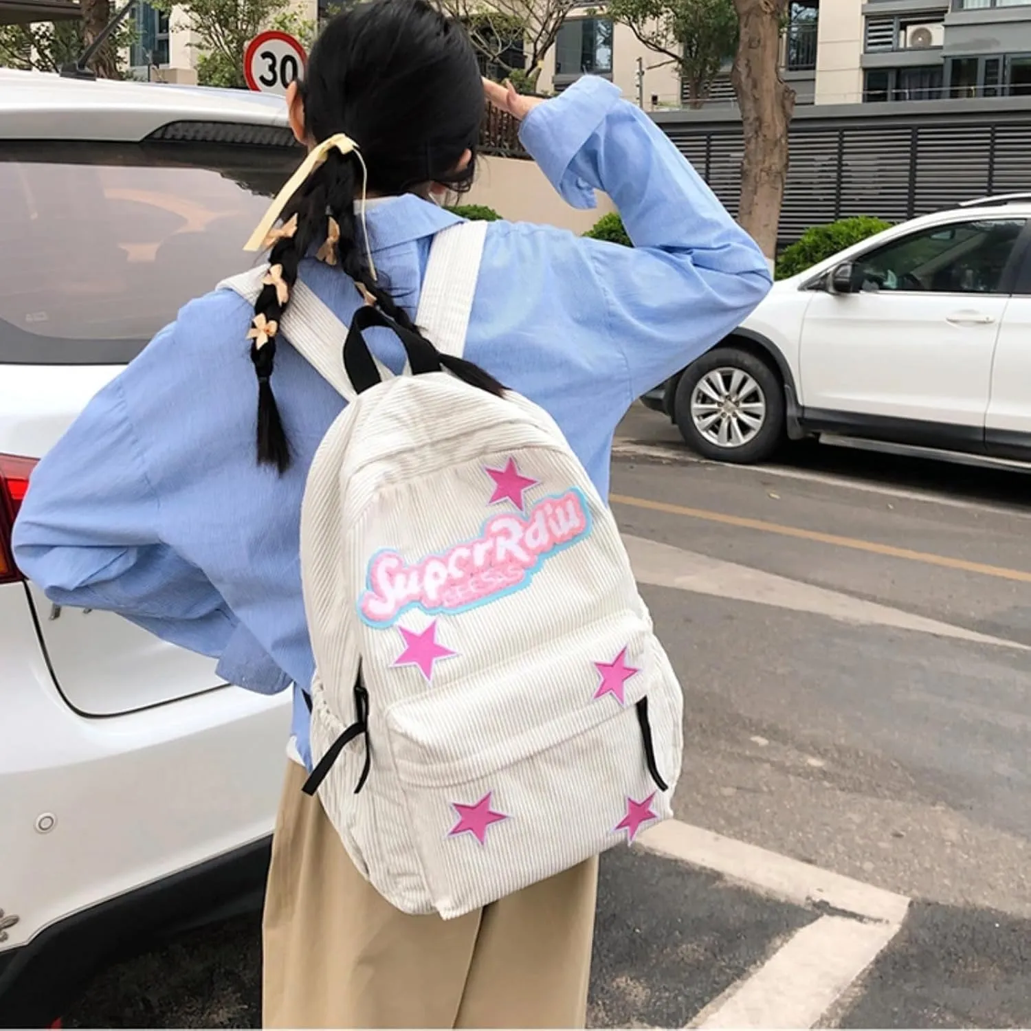 Cute Backpack for Women Star Y2K Kawaii Aesthetic Fluffy Corduroy Dayback Bag (White)