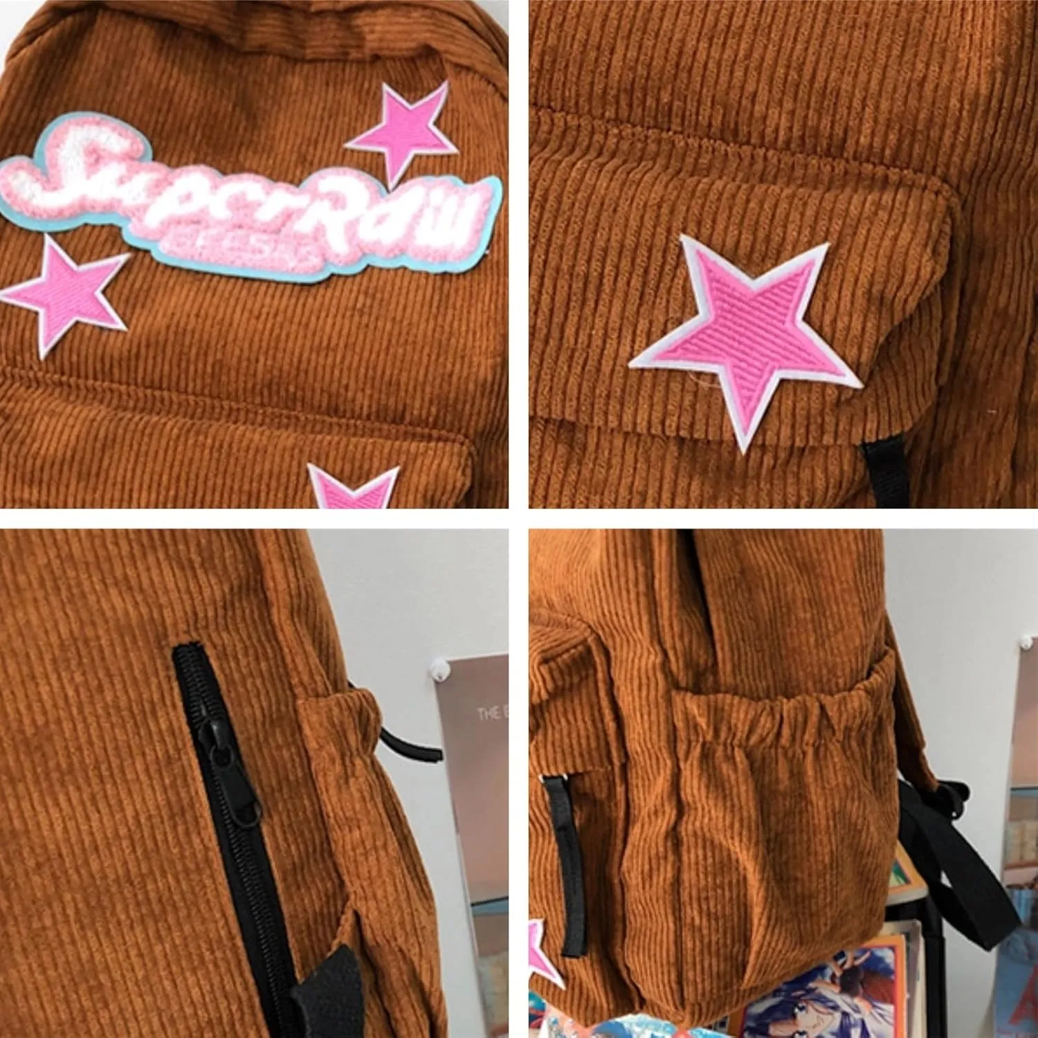 Cute Backpack for Women Star Y2K Kawaii Aesthetic Fluffy Corduroy Dayback Bag (White)