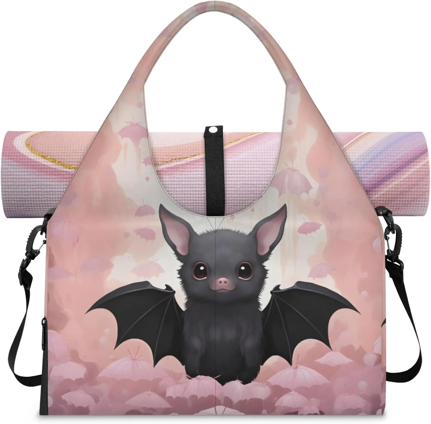 Cute Bat Women's Yoga Gym Bag - Adjustable shoulder strap with shoe compartment, large gym bag with multiple pockets for yoga mat, gym equipment and travel accessories