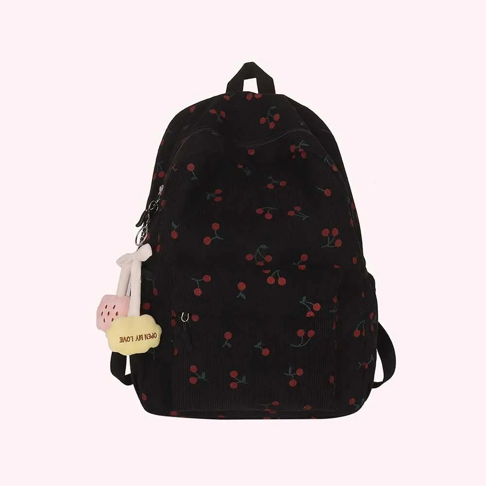 Cute Cherry Print Preppy Bag Large Corduroy Bookbag Lightweight 17-In Laptop Bag Women Travel Aesthetic Backpack