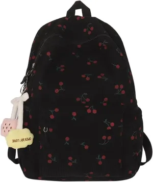 Cute Cherry Print Preppy Bag Large Corduroy Bookbag Lightweight 17-In Laptop Bag Women Travel Aesthetic Backpack
