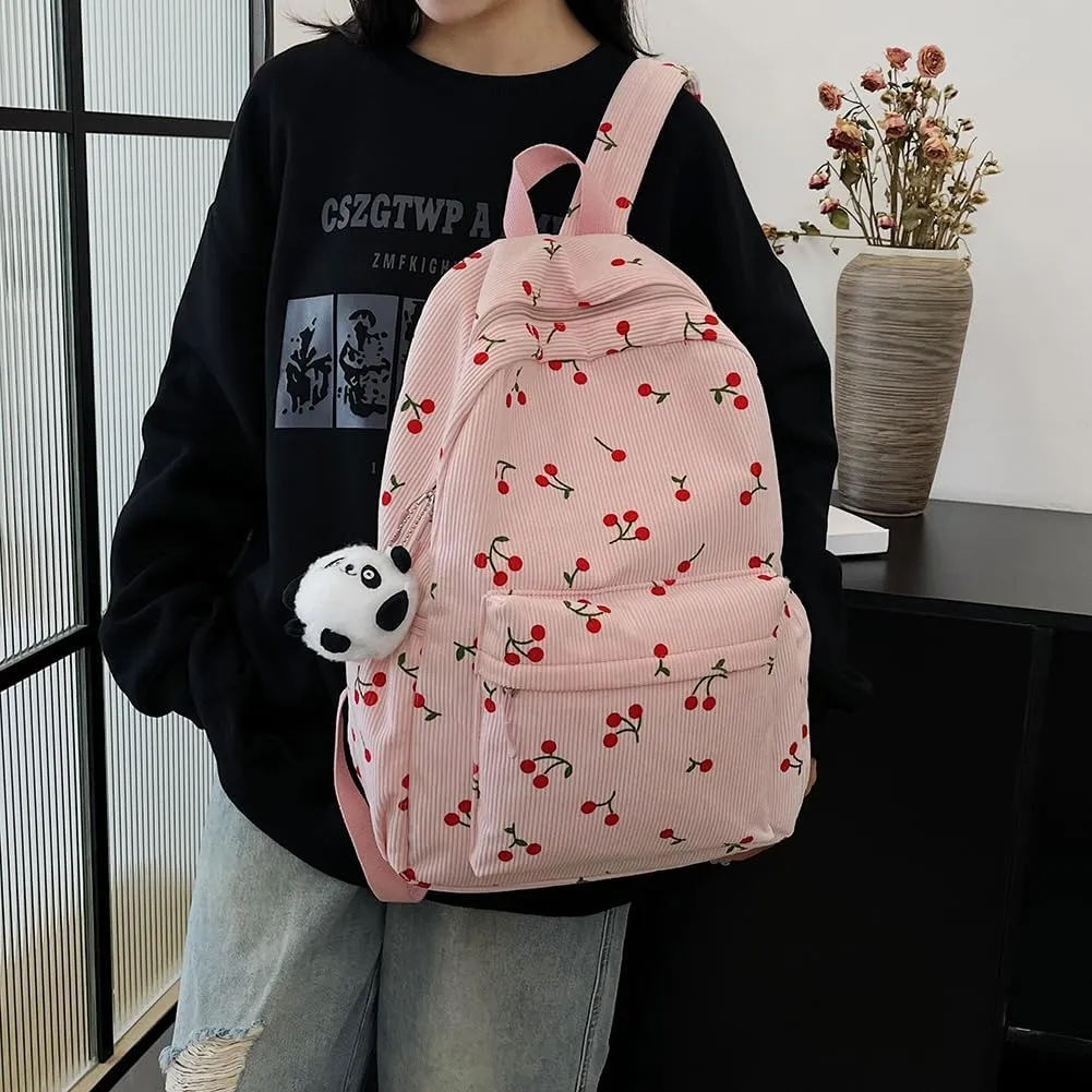 Cute Cherry Print Preppy Bag Large Corduroy Bookbag Lightweight 17-In Laptop Bag Women Travel Aesthetic Backpack