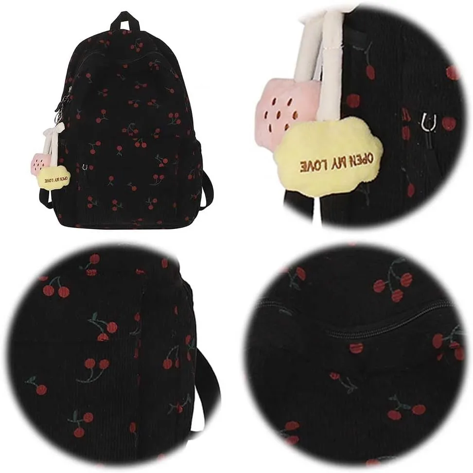 Cute Cherry Print Preppy Bag Large Corduroy Bookbag Lightweight 17-In Laptop Bag Women Travel Aesthetic Backpack