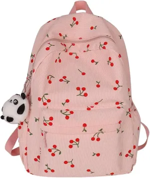 Cute Cherry Print Preppy Bag Large Corduroy Bookbag Lightweight 17-In Laptop Bag Women Travel Aesthetic Backpack