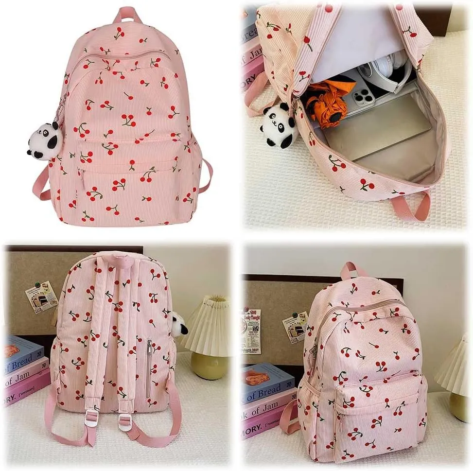 Cute Cherry Print Preppy Bag Large Corduroy Bookbag Lightweight 17-In Laptop Bag Women Travel Aesthetic Backpack