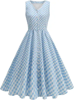 Cute Plaid Sundresses for Women Summer Spaghetti Straps Midi Dress Sleeveless Party Pleated Flowy Skater Dress