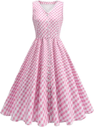 Cute Plaid Sundresses for Women Summer Spaghetti Straps Midi Dress Sleeveless Party Pleated Flowy Skater Dress