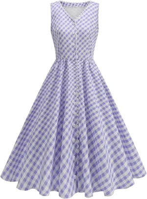 Cute Plaid Sundresses for Women Summer Spaghetti Straps Midi Dress Sleeveless Party Pleated Flowy Skater Dress