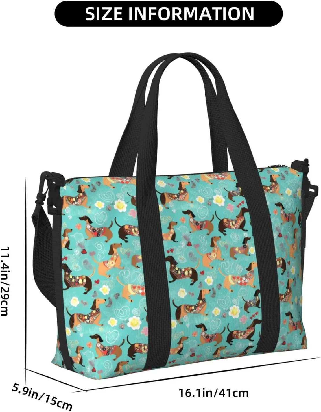 Dachshund Red Hearts Travel Duffel Bags for Women Men, Sports Training Gym Bag Dance Bag with Adjustable Shoulder Strap Puppy Yellow Flower Weekender Overnight Bag