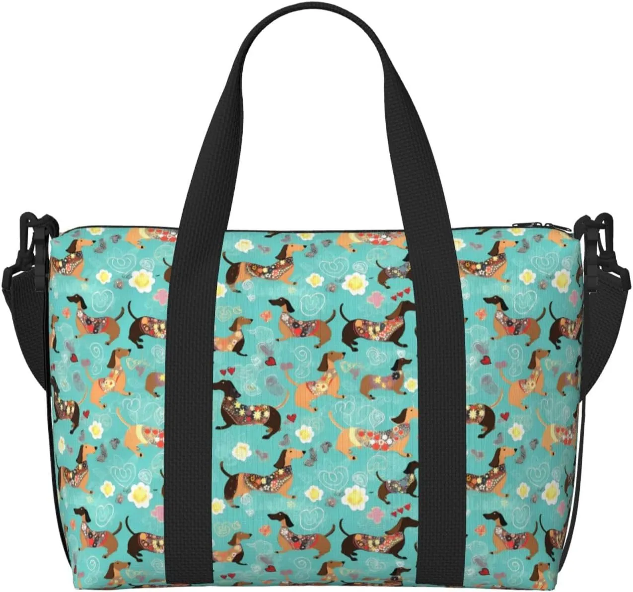 Dachshund Red Hearts Travel Duffel Bags for Women Men, Sports Training Gym Bag Dance Bag with Adjustable Shoulder Strap Puppy Yellow Flower Weekender Overnight Bag
