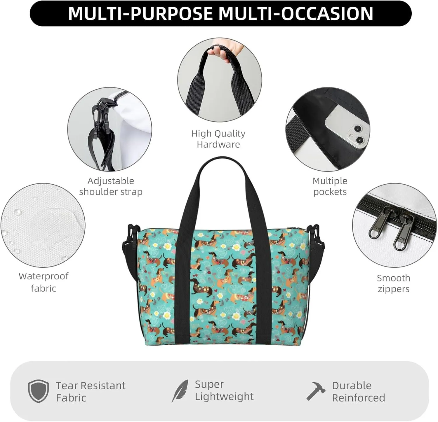 Dachshund Red Hearts Travel Duffel Bags for Women Men, Sports Training Gym Bag Dance Bag with Adjustable Shoulder Strap Puppy Yellow Flower Weekender Overnight Bag