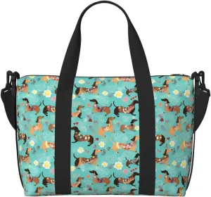 Dachshund Red Hearts Travel Duffel Bags for Women Men, Sports Training Gym Bag Dance Bag with Adjustable Shoulder Strap Puppy Yellow Flower Weekender Overnight Bag