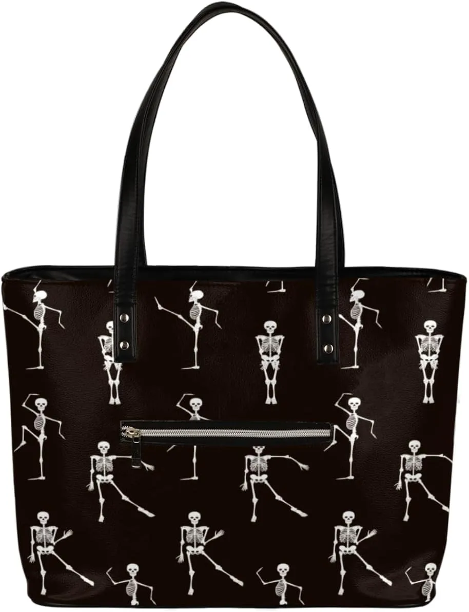 Dancing Skeleton Tote Bag Women Shoulder Handbags PU Leather Everyday Bag with External Pocket Large Capacity Aesthetic Corduroy Tote Bag for Travel Work Party