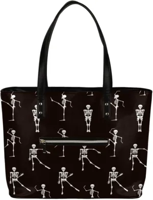 Dancing Skeleton Tote Bag Women Shoulder Handbags PU Leather Everyday Bag with External Pocket Large Capacity Aesthetic Corduroy Tote Bag for Travel Work Party