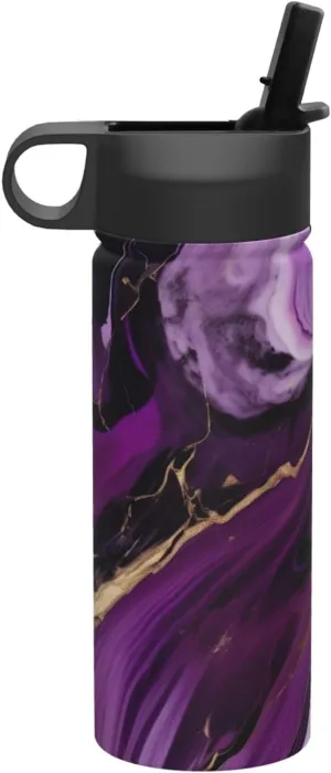 Dark purple texture marble Print Flask Stainless Steel Water Bottle with Straw 18OZ FOR Outdoor Gym Commute