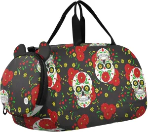 Day Of The Dead Colorful Skull with Floral Gym Travel Duffel Bag with Shoe Compartment for Boys Girls - Gymnastics Sports Dance Football Travel Bag Teens Weekender Sleepover