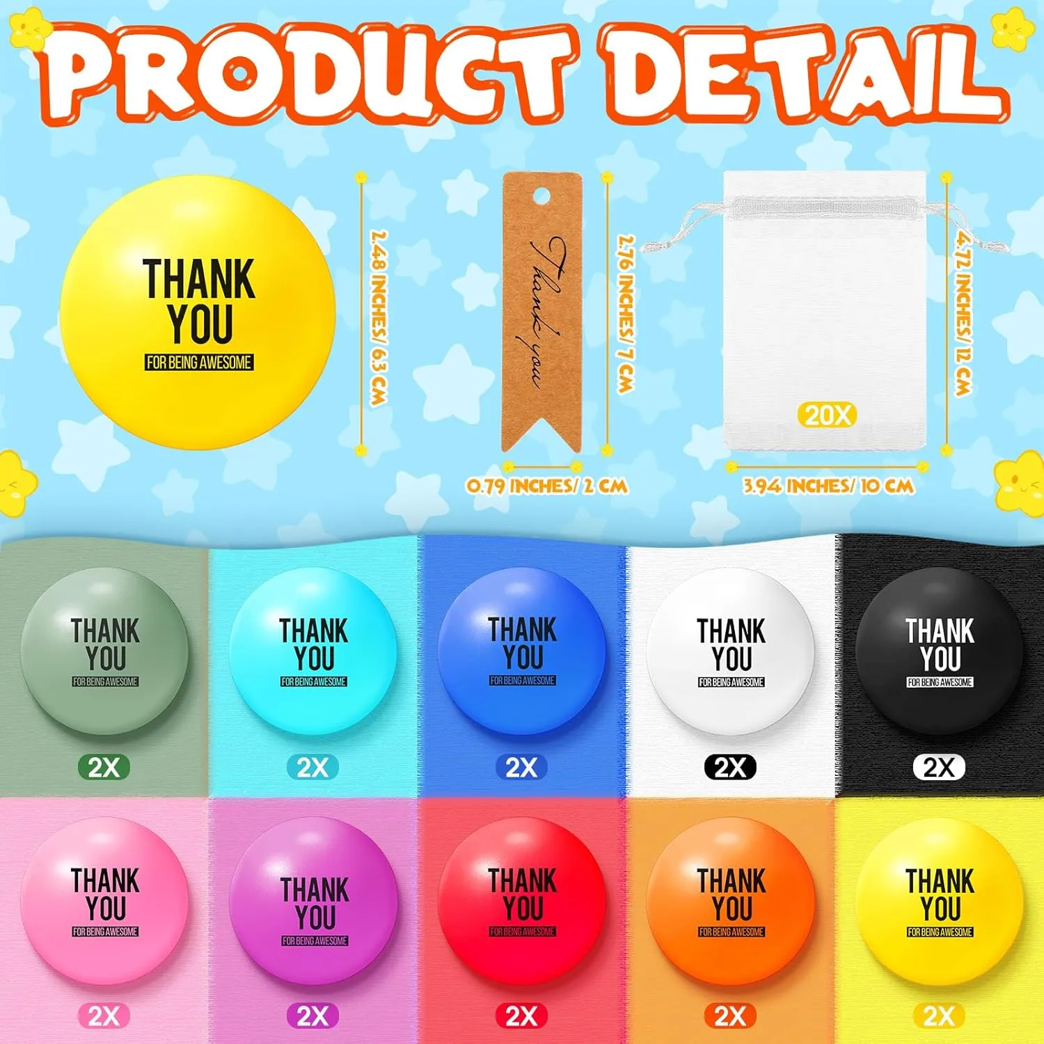 Deekin 20 Pcs Employee Appreciation Gifts Inspirational Stress Balls with Thank You Tag Squeeze Foam Stress Ball Anxiety Relief Toy for Teacher Student Back to School Gifts Nurse CNA Week(Thank You)