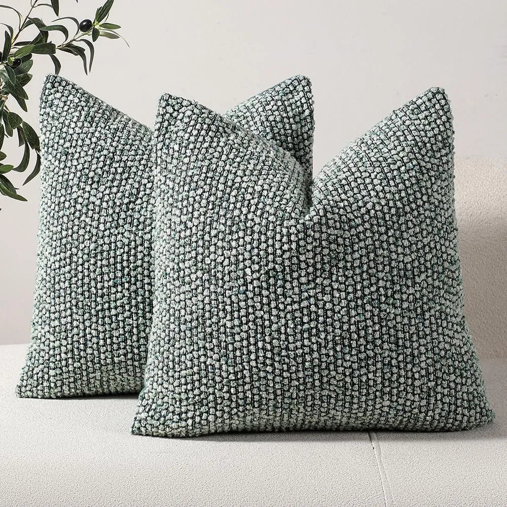 DEZENE Striped Throw Pillow Covers 18x18 Set of 2 Green Textured Boucle Chic Morden Boho Accent Farmhouse Square Decorative Couch Pillow Covers for Home Decor Bed Sofa Living Room