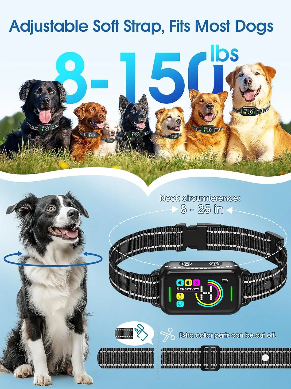 DINJOO Bark Collar, Dog Bark Collar for Large Medium Small Dogs,Smart Bark Collar,Rechargeable Anti Barking Training Collar with 8 Adjustable Sensitivity,Bark Shock Collar with Beep (Dark Black)