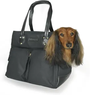 DJANGO Dog Carrier Bag Large - Waxed Canvas and Leather Soft Dog Travel Carrier - Black Travel Tote Bag for Pets with Harness Safety Tether, Secure Zipper Pockets, and Water-Resistant Lining