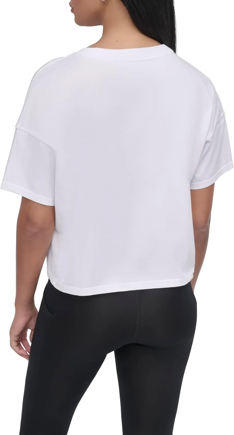 DKNY womens Rhinestone Logo Short Sleeve Cropped Loose Fit T-shirt