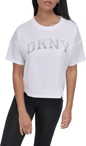 DKNY womens Rhinestone Logo Short Sleeve Cropped Loose Fit T-shirt