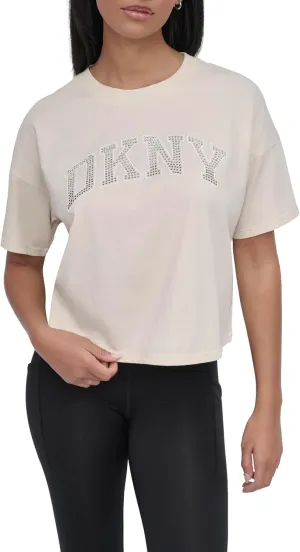 DKNY womens Rhinestone Logo Short Sleeve Cropped Loose Fit T-shirt