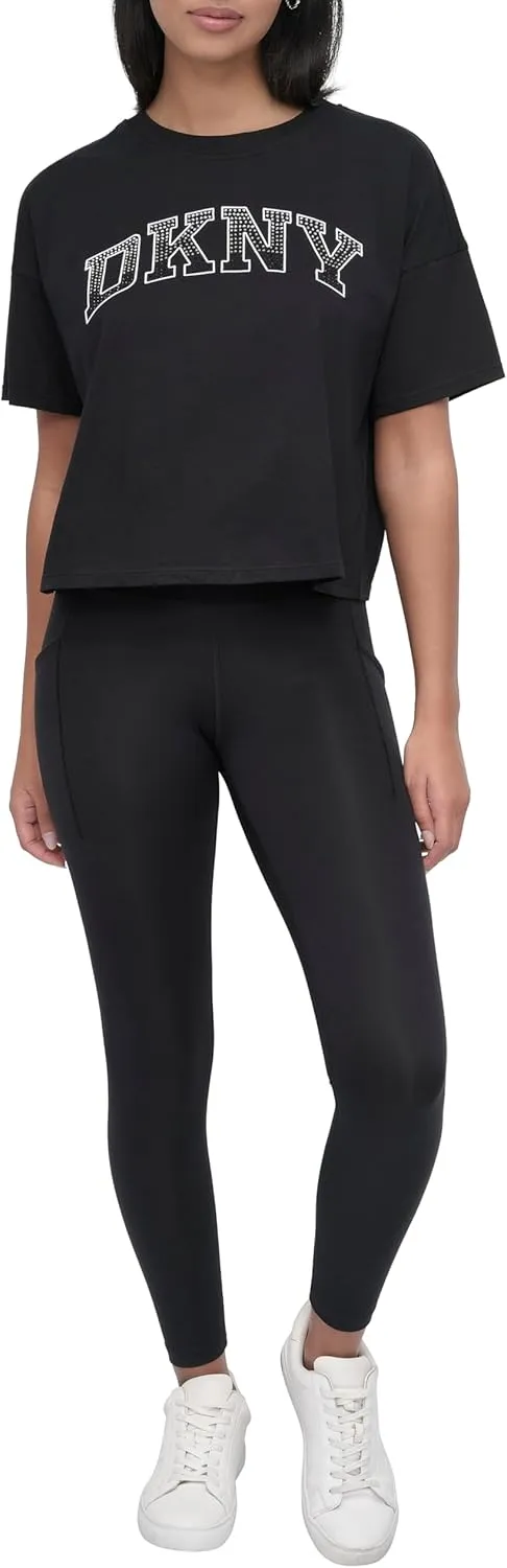 DKNY womens Rhinestone Logo Short Sleeve Cropped Loose Fit T-shirt