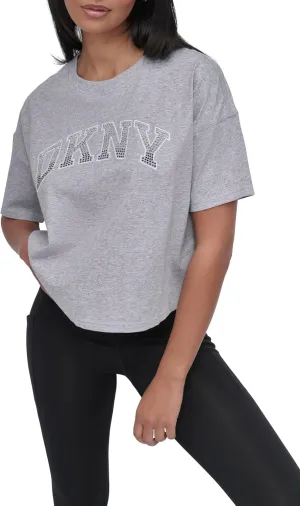 DKNY womens Rhinestone Logo Short Sleeve Cropped Loose Fit T-shirt