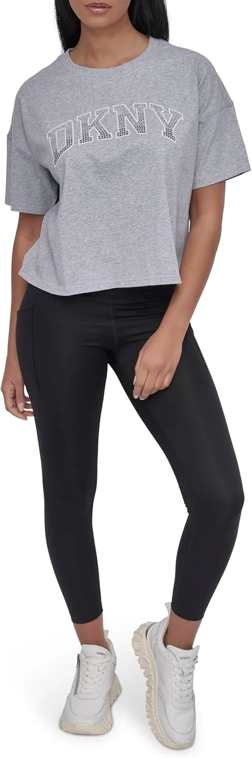 DKNY womens Rhinestone Logo Short Sleeve Cropped Loose Fit T-shirt