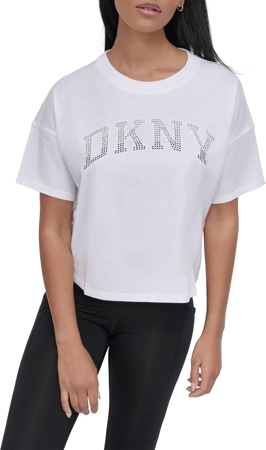 DKNY womens Rhinestone Logo Short Sleeve Cropped Loose Fit T-shirt